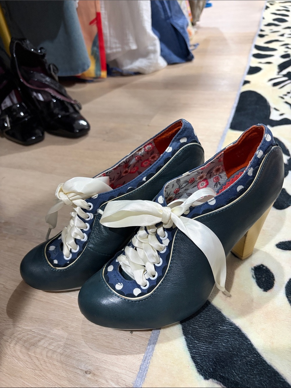 Irregular Choice Navy Blue Polka Dot Lace-Up Heels with Cream Ribbon